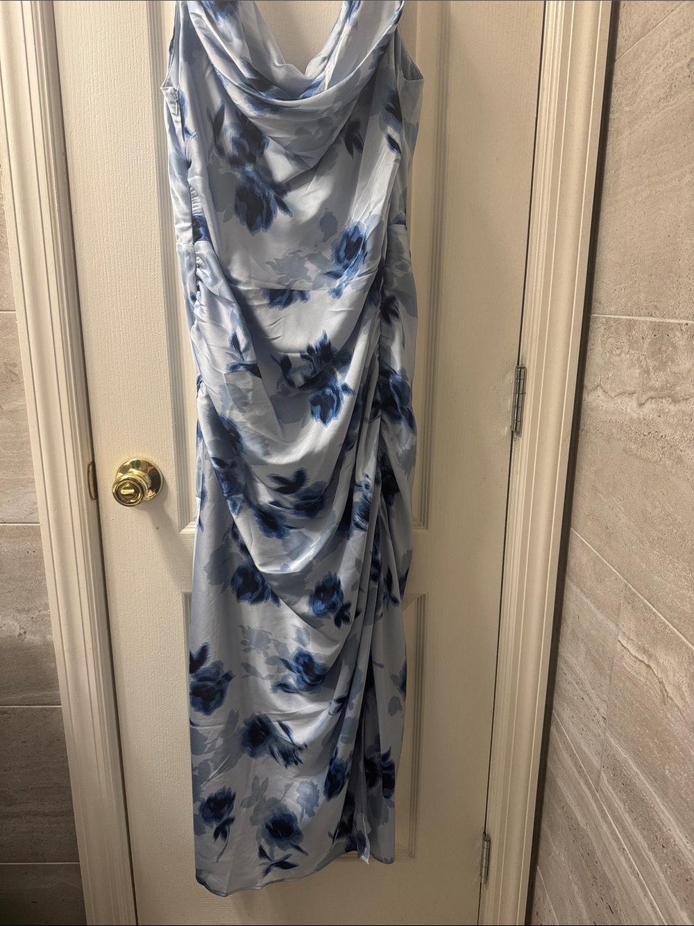 Light Blue Floral Draped Cowl Neck Maxi Dress With Slit On The Side